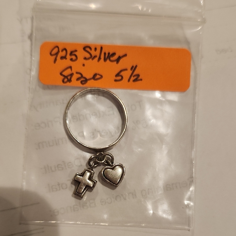 RETIRED James Avery Cross And Heart Dangle Ring. Sterling Silver. Sz 5.5